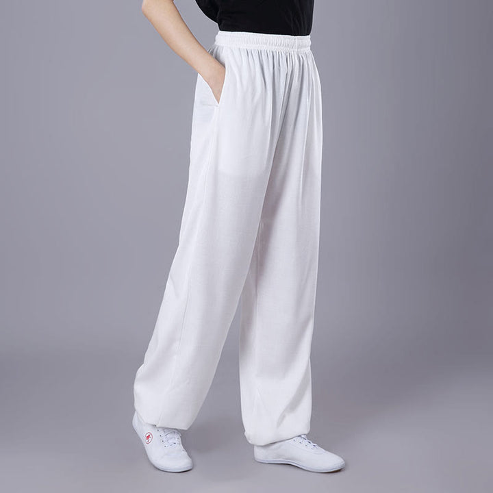 Pantalon Buddha Stones' été unisexe en coton et lin avec poches et taille élastique pour la pratique du Tai Chi et du Qigong - Blanc - 3XL- Convient aux tailles US/ UK/AU/ EU- 2XL - image 1