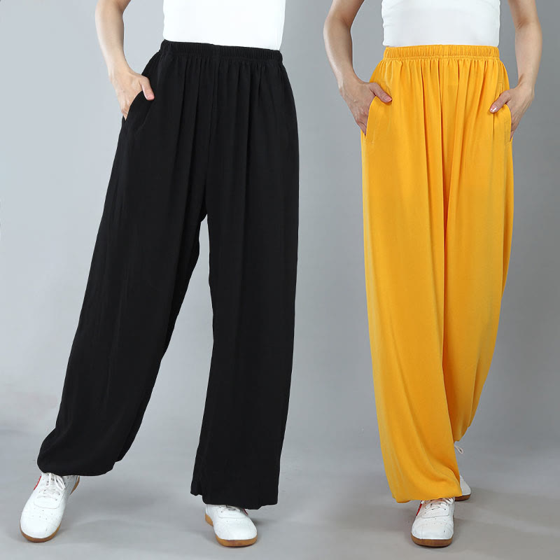 Buddha Stones Pantalon d'été unisexe en coton respirant avec poches, taille élastique, pour Tai Chi, Kung Fu, Qigong - image 0