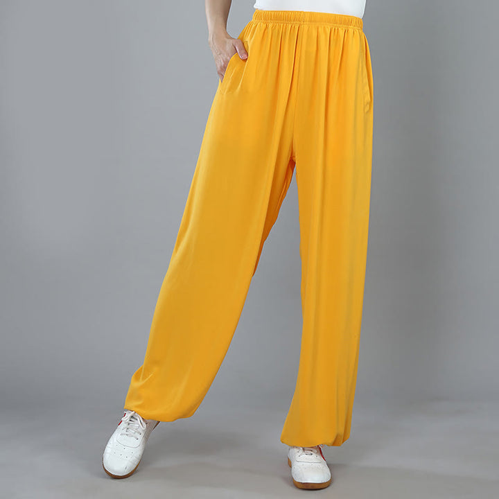 Buddha Stones Pantalon d'été unisexe en coton respirant avec poches, taille élastique, pour Tai Chi, Kung Fu, Qigong - Jaune - 3XL- Convient aux États-Unis, au UK/AU et en EU- 2XL - image 9