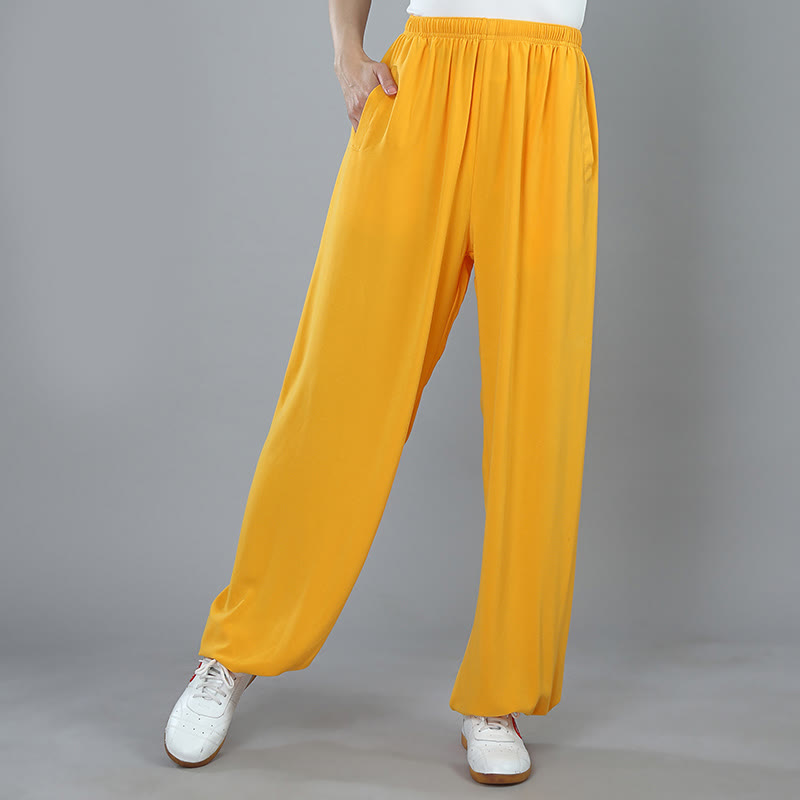 Buddha Stones Pantalon d'été unisexe en coton respirant avec poches, taille élastique, pour Tai Chi, Kung Fu, Qigong - Jaune - 3XL- Convient aux États-Unis, au Royaume-Uni, en Australie et en UE - 2XL - image 10