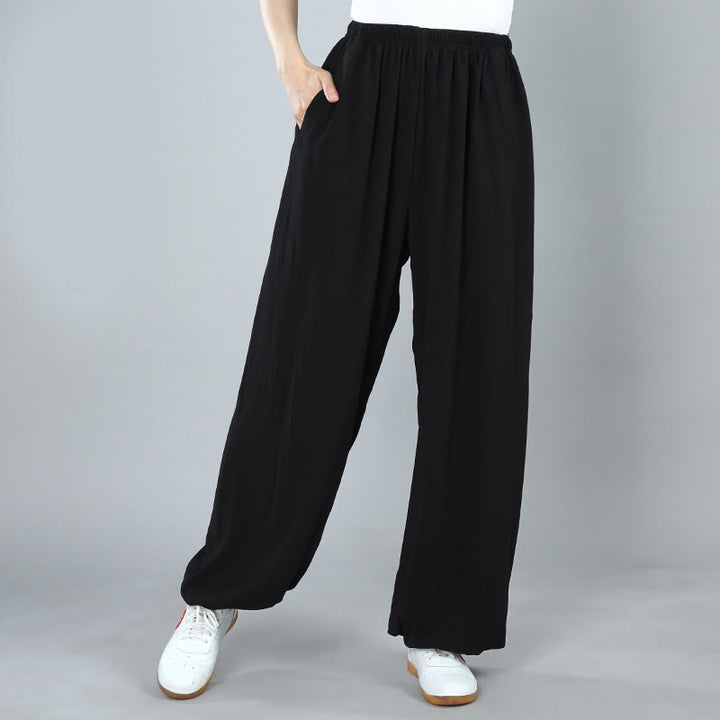 Buddha Stones Pantalon d'été unisexe en coton respirant avec poches, taille élastique, pour Tai Chi, Kung Fu, Qigong - Noir - 3XL- Convient aux tailles US/ UK/AU/ EU- 2XL - image 2