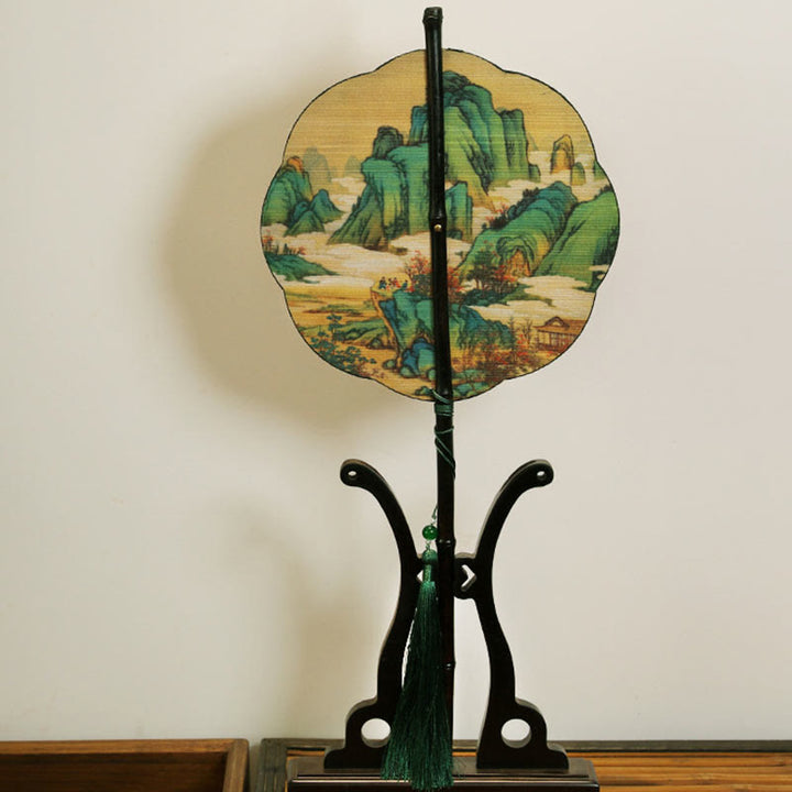 Éventail portatif en bambou fait main avec Buddha Stones, mille kilomètres de rivières et de montagnes, à long manche