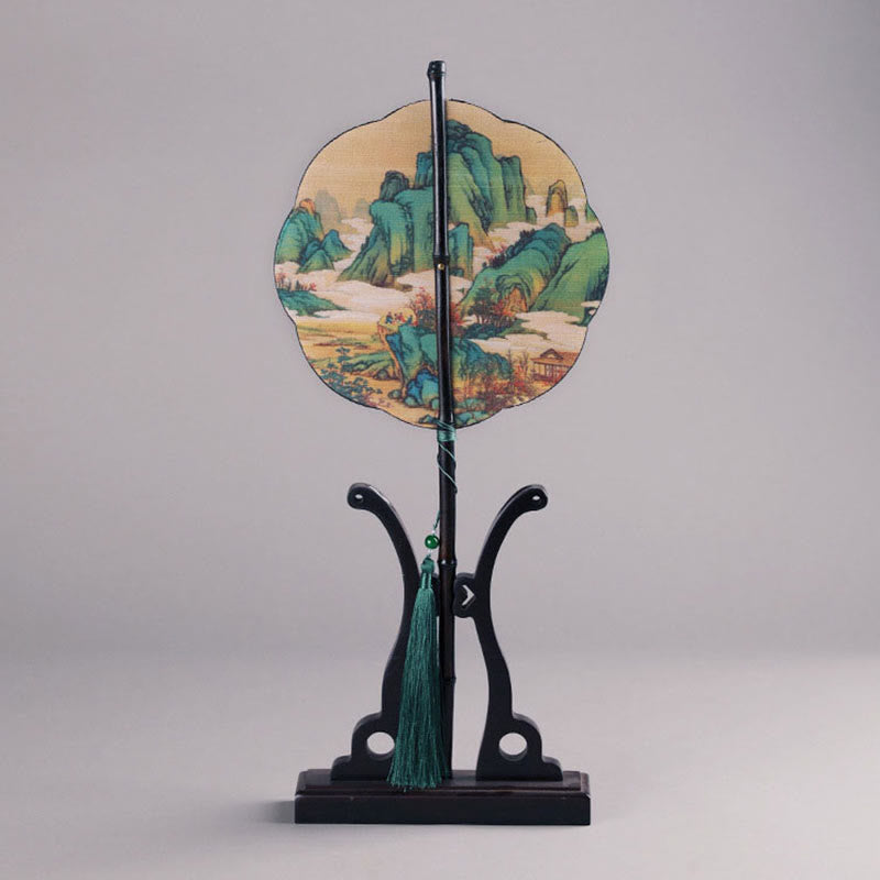 Éventail portatif en bambou fait main avec Buddha Stones, mille kilomètres de rivières et de montagnes, à long manche