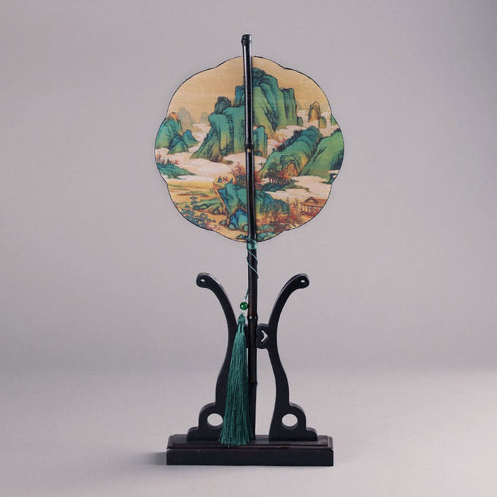 Éventail portatif en bambou fait main avec Buddha Stones, mille kilomètres de rivières et de montagnes, à long manche