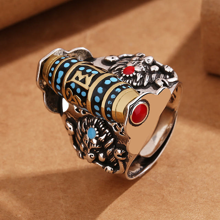 Bague rotative Buddha Stones tibétain Om Mani Padme Hum Garuda Dzi, motif de perles, paix
