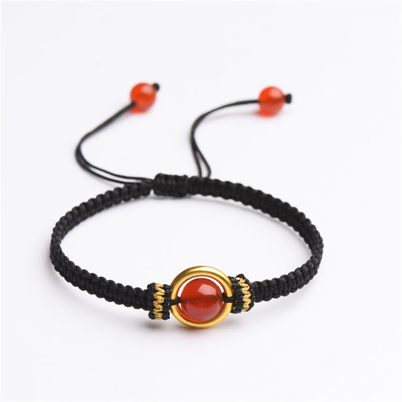 Bracelet en corde calme avec boucle de paix et perles d'agate rouge en Buddha Stones