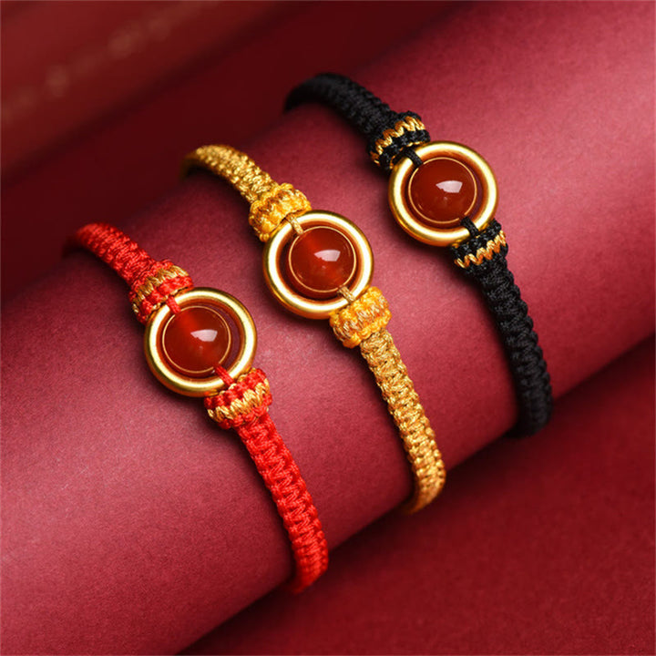 Bracelet en corde calme avec boucle de paix et perles d'agate rouge en Buddha Stones