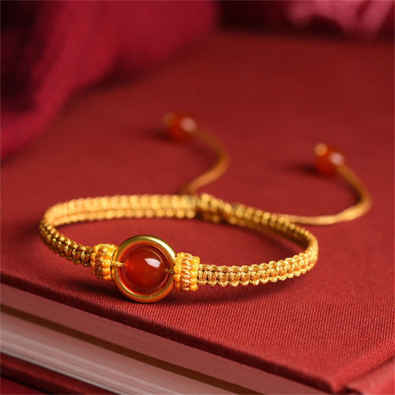 Bracelet en corde calme avec boucle de paix et perles d'agate rouge en Buddha Stones