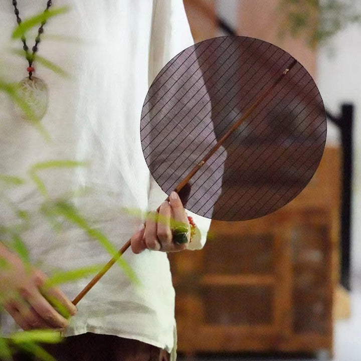 Éventail à long manche en bambou de forme ronde fait main de style chinois avec Buddha Stones