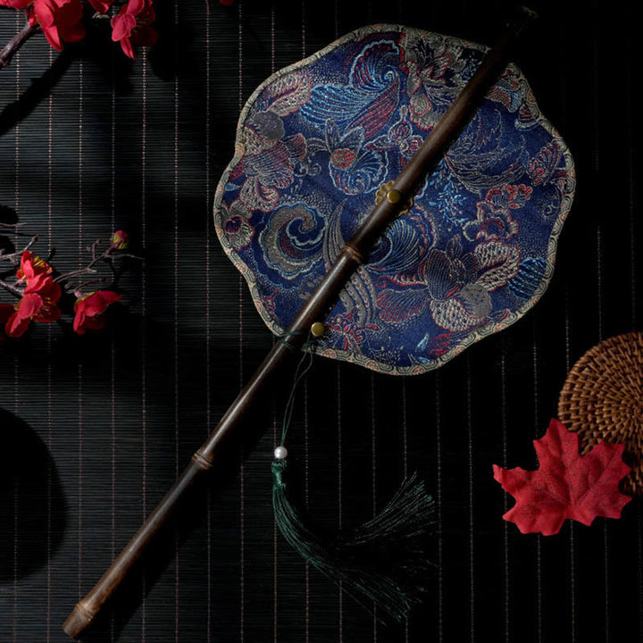 Buddha Stones portatif en forme de feuille d'épiphyllum en forme d'écailles de coquillage faites à la main avec de longues poignées en bambou violet