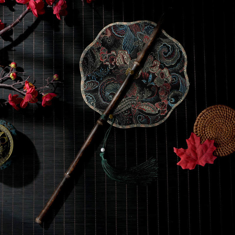 Buddha Stones portatif en forme de feuille d'épiphyllum en forme d'écailles de coquillage faites à la main avec de longues poignées en bambou violet