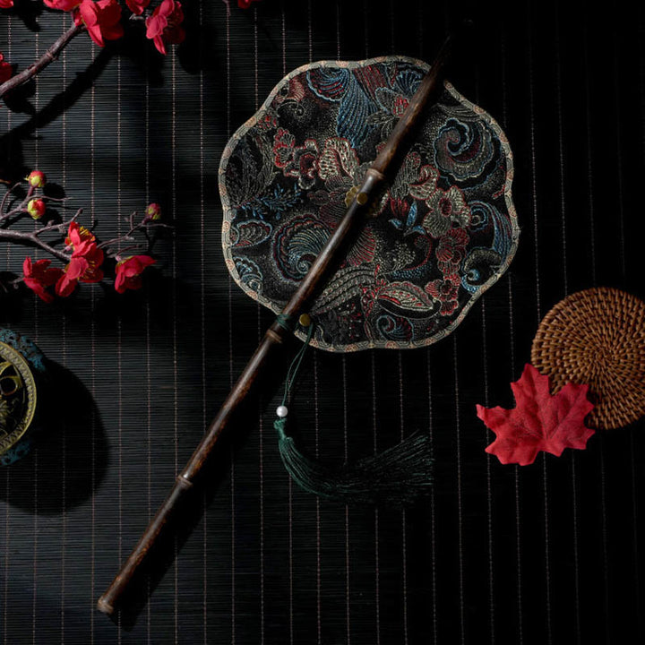 Buddha Stones portatif en forme de feuille d'épiphyllum en forme d'écailles de coquillage faites à la main avec de longues poignées en bambou violet