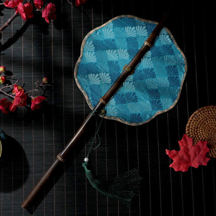 Buddha Stones portatif en forme de feuille d'épiphyllum en forme d'écailles de coquillage faites à la main avec de longues poignées en bambou violet