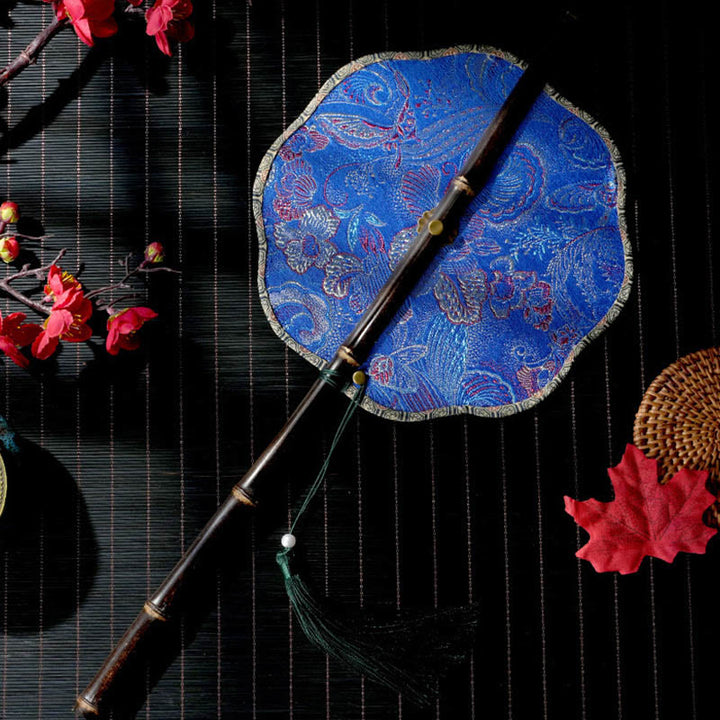 Buddha Stones portatif en forme de feuille d'épiphyllum en forme d'écailles de coquillage faites à la main avec de longues poignées en bambou violet