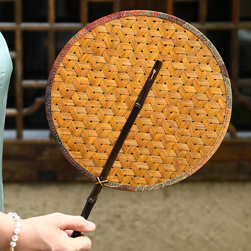 Buddha Stones rond en bambou tissé à la main en forme de banane, style chinois rétro, fait à la main, avec de longues poignées