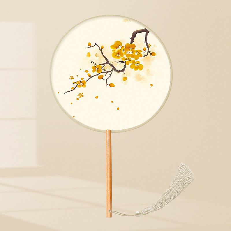 Buddha Stones Feuille de Ginkgo Poisson Koi Fleur de cerisier Fleurs de printemps Éventail à main avec manche en bois