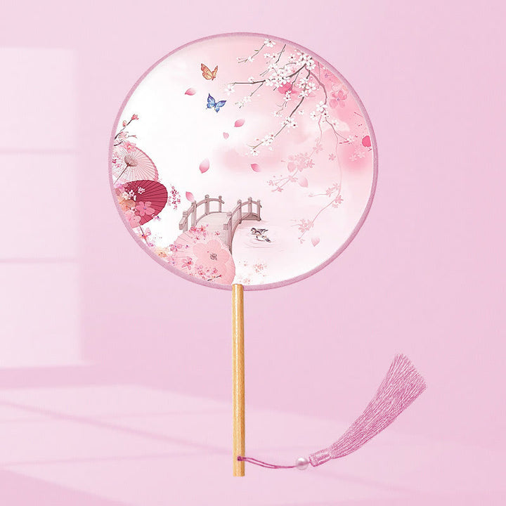 Buddha Stones Feuille de Ginkgo Poisson Koi Fleur de cerisier Fleurs de printemps Éventail à main avec manche en bois