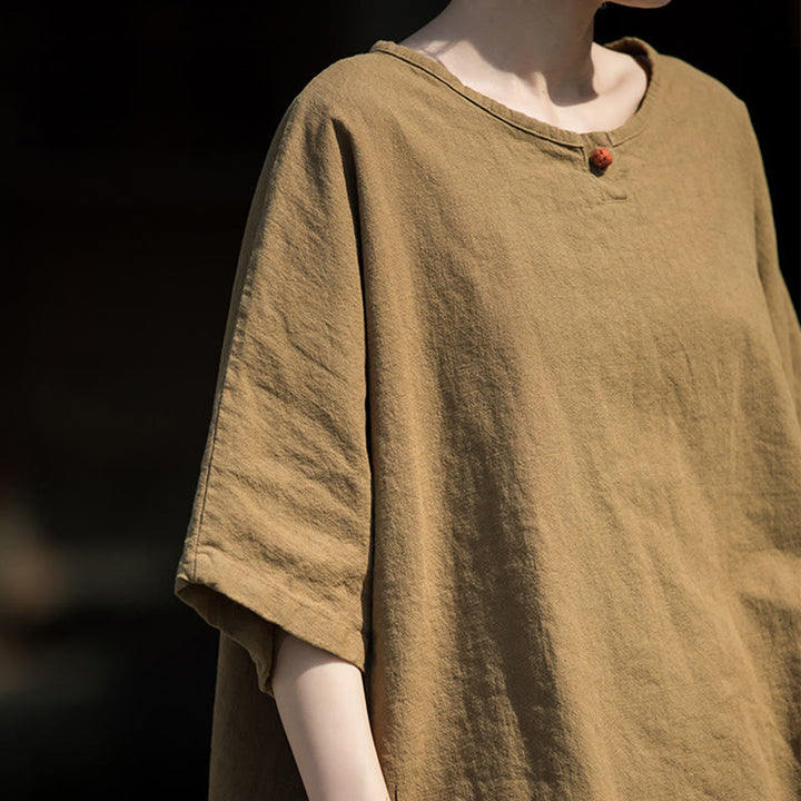 T-shirt décontracté à manches mi-longues en lin et coton ramie avec Buddha Stones