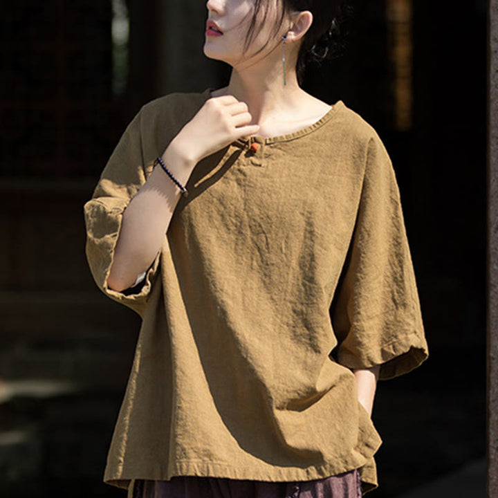 T-shirt décontracté à manches mi-longues en lin et coton ramie avec Buddha Stones