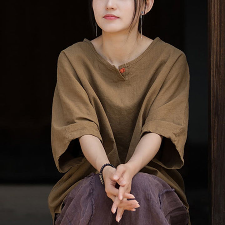 T-shirt décontracté à manches mi-longues en lin et coton ramie avec Buddha Stones - image 9