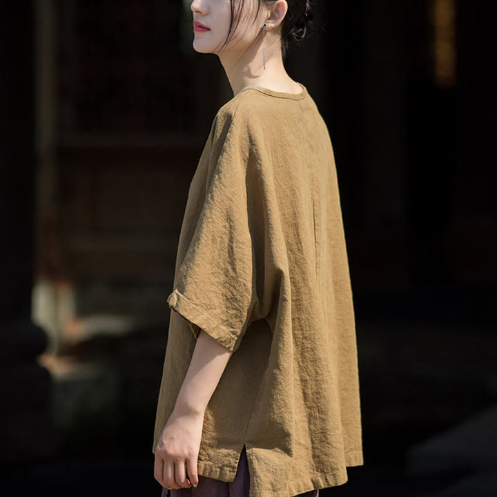 T-shirt décontracté à manches mi-longues en lin et coton ramie avec Buddha Stones - image 2