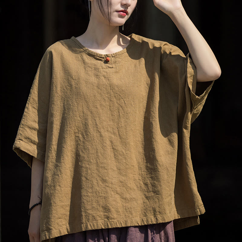 T-shirt décontracté à manches mi-longues en lin et coton ramie avec Buddha Stones - image 1