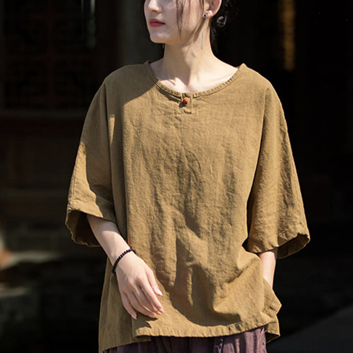 T-shirt décontracté à manches mi-longues en lin et coton ramie avec Buddha Stones