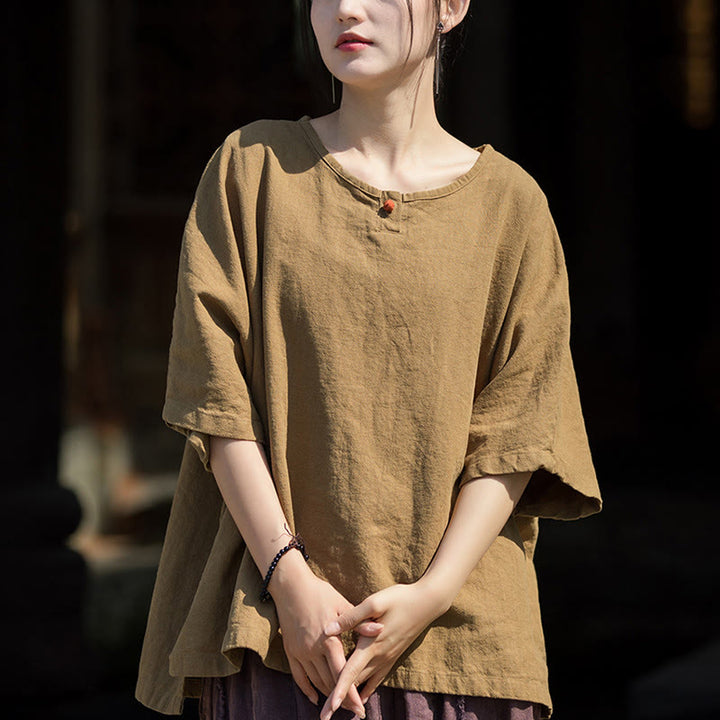 T-shirt décontracté à manches mi-longues en lin et coton ramie avec Buddha Stones - Kaki foncé - US4-8/10，UK/AU8-12/14，EU36-40/42 (F) - image 0