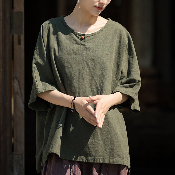 T-shirt décontracté à manches mi-longues en lin et coton ramie avec Buddha Stones - image 17