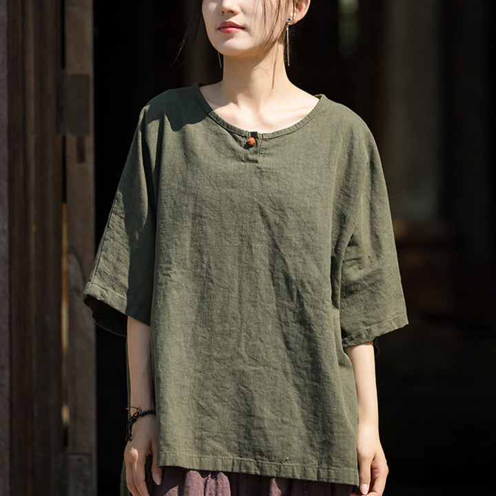 T-shirt décontracté à manches mi-longues en lin et coton ramie avec Buddha Stones - image 19