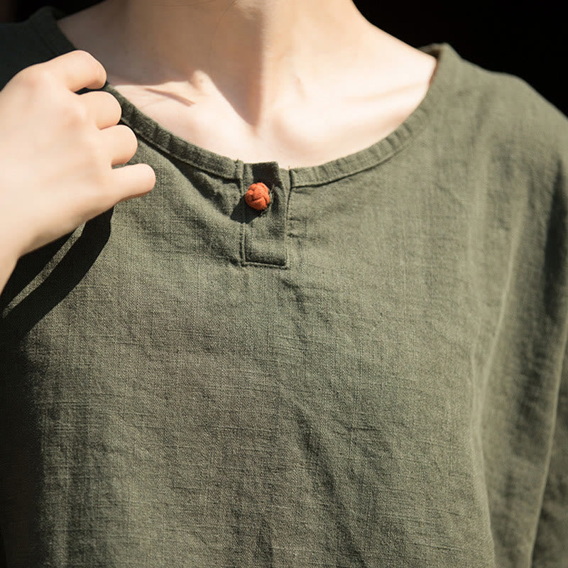 T-shirt décontracté à manches mi-longues en lin et coton ramie avec Buddha Stones