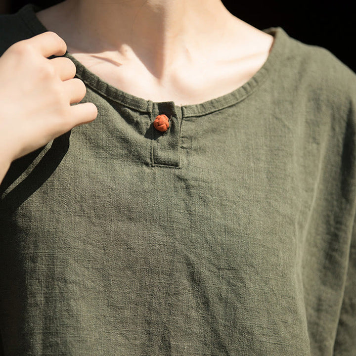 T-shirt décontracté à manches mi-longues en lin et coton ramie avec Buddha Stones