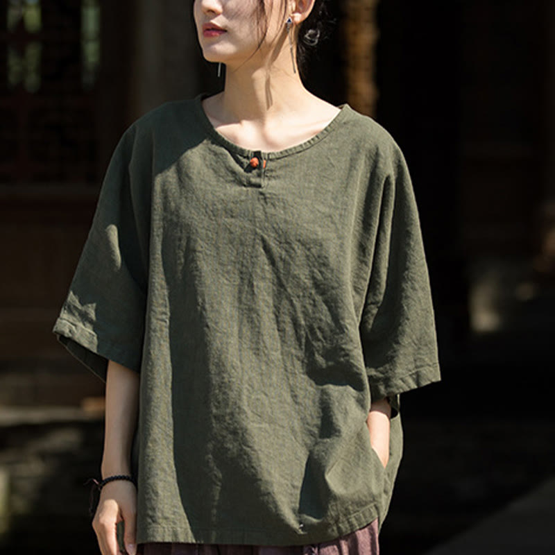 T-shirt décontracté à manches mi-longues en lin et coton ramie avec Buddha Stones - image 20