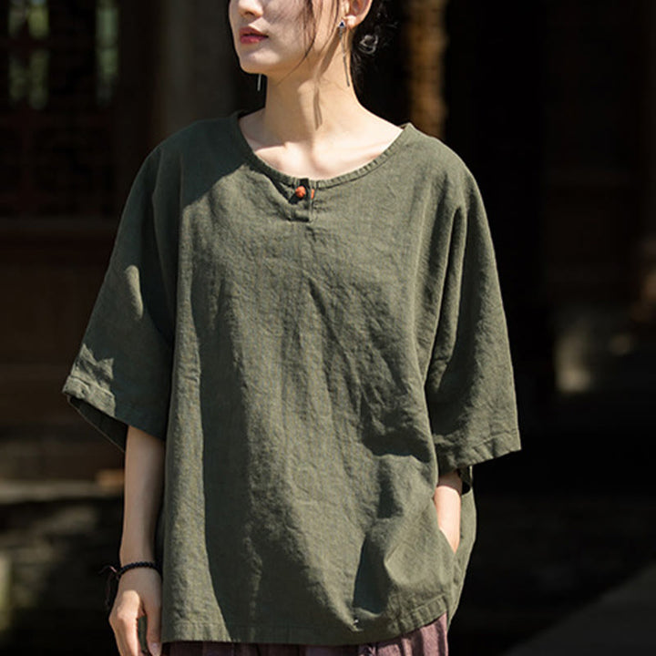 T-shirt décontracté à manches mi-longues en lin et coton ramie avec Buddha Stones
