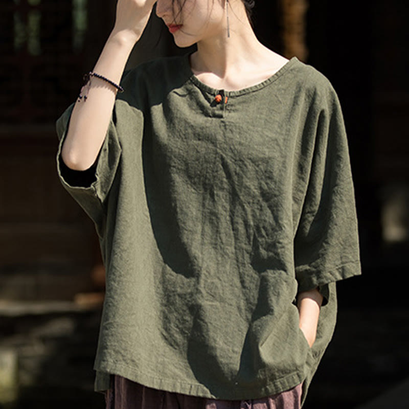 T-shirt décontracté à manches mi-longues en lin et coton ramie avec Buddha Stones