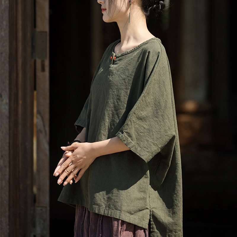T-shirt décontracté à manches mi-longues en lin et coton ramie avec Buddha Stones - image 14