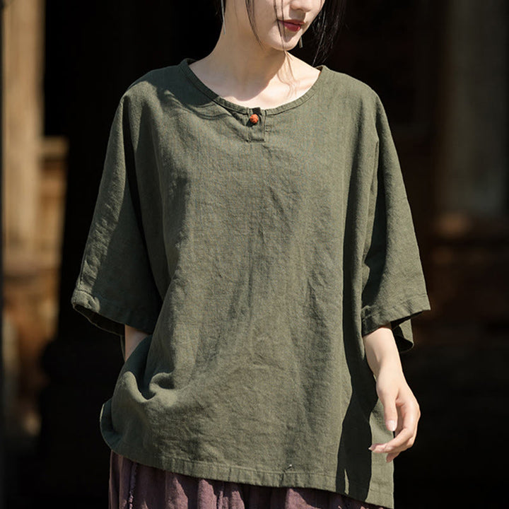 T-shirt décontracté à manches mi-longues en lin et coton ramie avec Buddha Stones