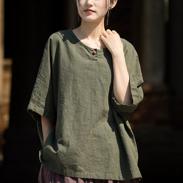 T-shirt décontracté à manches mi-longues en lin et coton ramie avec Buddha Stones - image 13