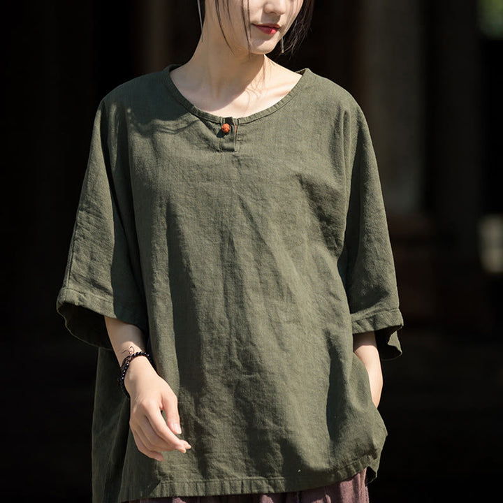 T-shirt décontracté à manches mi-longues en lin et coton ramie avec Buddha Stones - Vert foncé - US4-8/10，UK/AU8-12/14，EU36-40/42 (F) - image 12