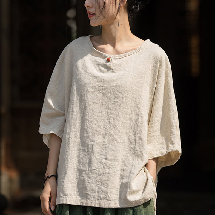 T-shirt décontracté à manches mi-longues en lin et coton ramie avec Buddha Stones