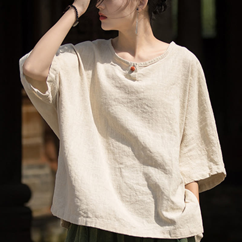 T-shirt décontracté à manches mi-longues en lin et coton ramie avec Buddha Stones - image 29