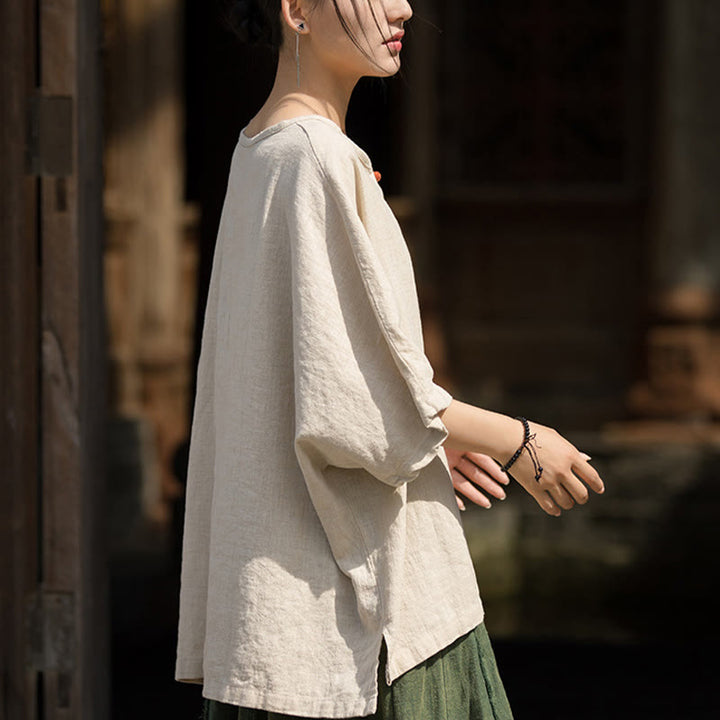 T-shirt décontracté à manches mi-longues en lin et coton ramie avec Buddha Stones - image 25