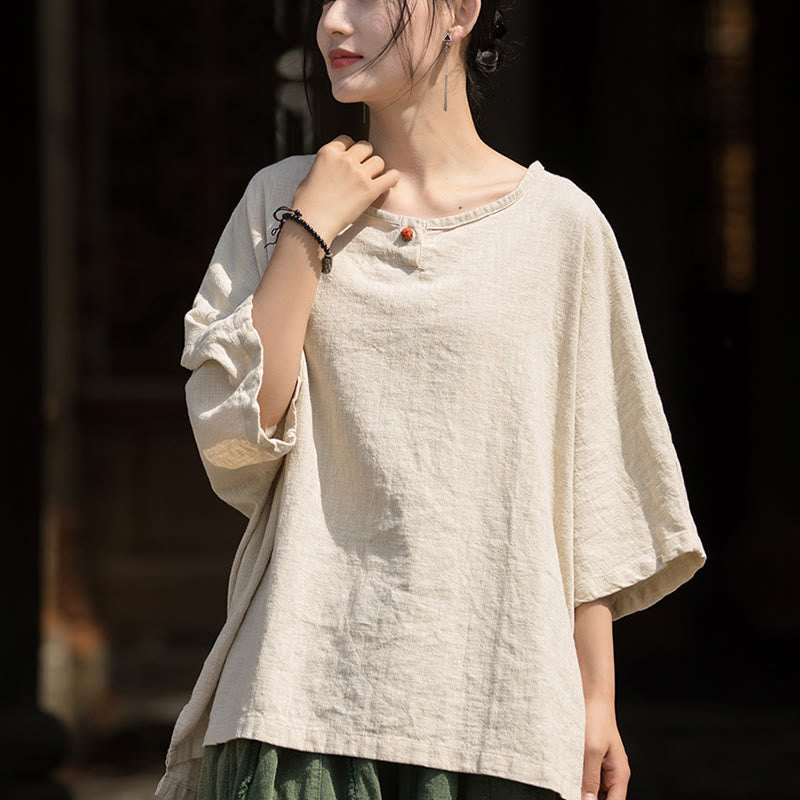 T-shirt décontracté à manches mi-longues en lin et coton ramie avec Buddha Stones - image 23