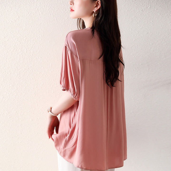 T-shirt à manches courtes et col en V avec boutons roses et Buddha Stones - image 2