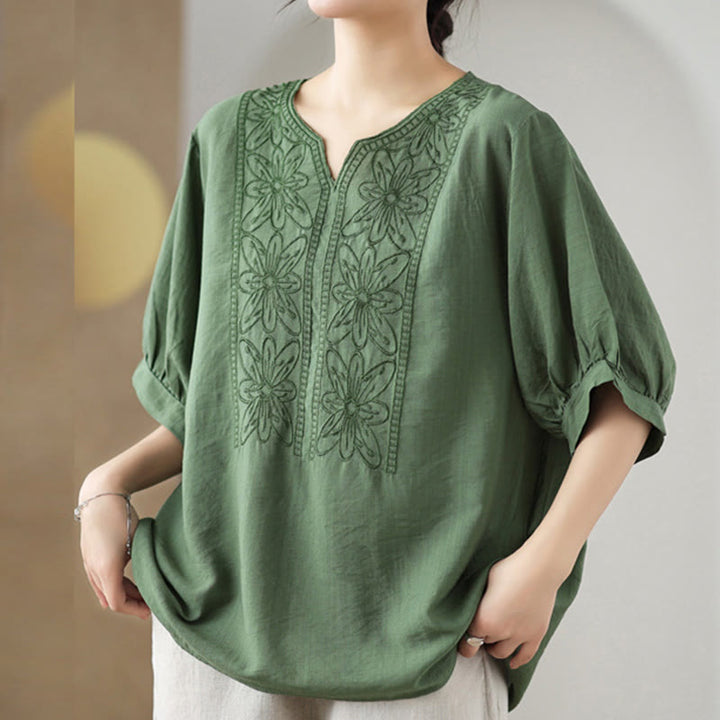 T-shirt à manches mi-longues en coton et lin avec broderie de fleurs et Buddha Stones