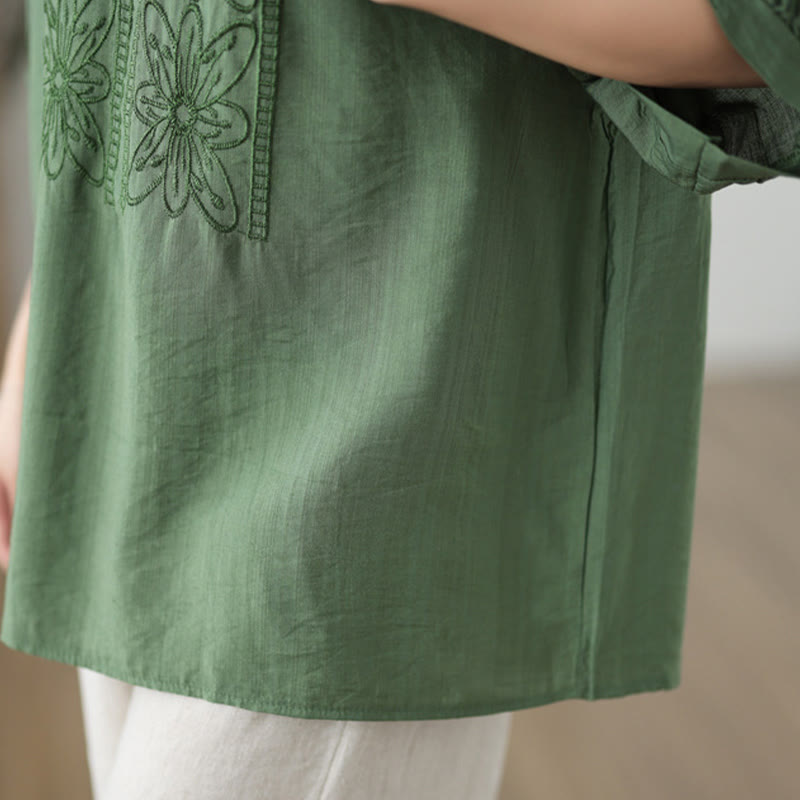 T-shirt à manches mi-longues en coton et lin avec broderie de fleurs et Buddha Stones
