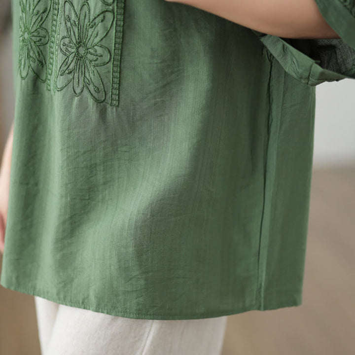T-shirt à manches mi-longues en coton et lin avec broderie de fleurs et Buddha Stones