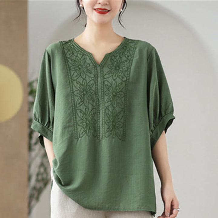 T-shirt à manches mi-longues en coton et lin avec broderie de fleurs et Buddha Stones