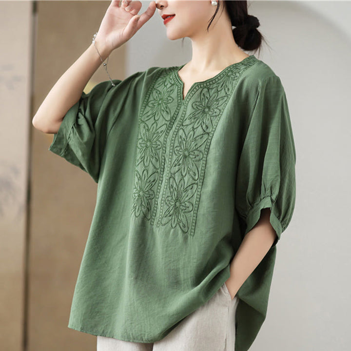 T-shirt à manches mi-longues en coton et lin avec broderie de fleurs et Buddha Stones