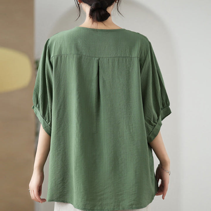 T-shirt à manches mi-longues en coton et lin avec broderie de fleurs et Buddha Stones